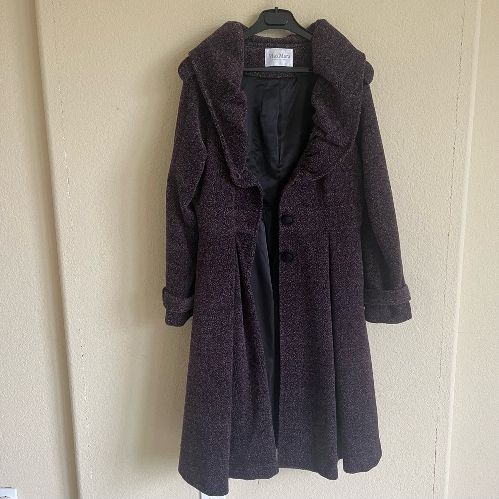 max Mara wool purple coat deep ruffle open collar single breasted tweed M 8
